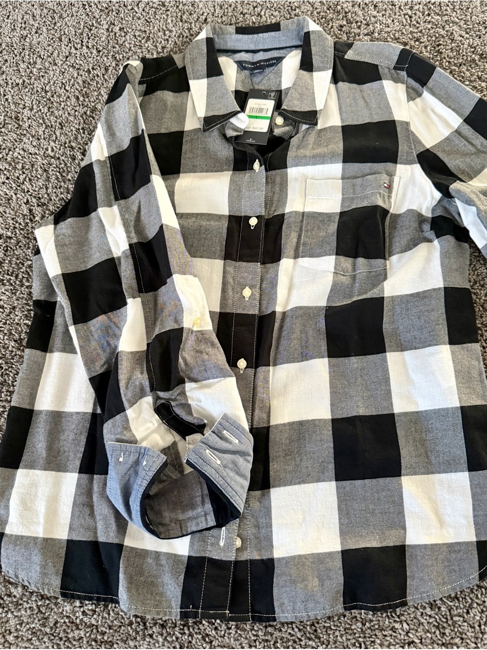NWT Tommy Hilfiger Women’s Large Black White Buffalo Plaid Button Down Shirt